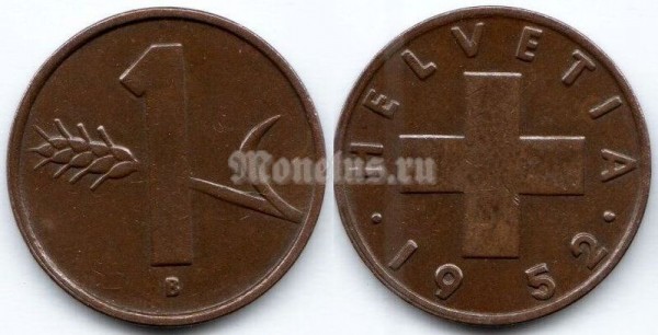 монета Швейцария 1 раппен 1952 год
