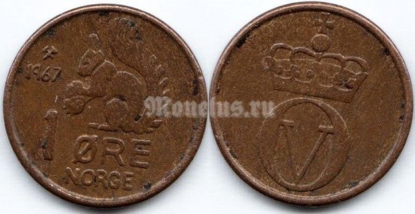 монета Норвегия 1 эре 1967 год