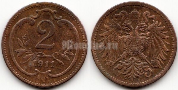 монета Австрия 2 геллера 1911 год