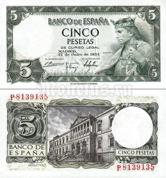 банкнота Испания 5 песет 1954 год