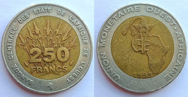 монета Западная Африка 250 франков 1993 год