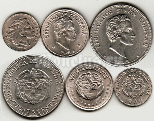 Колумбия набор из 3-х монет 10, 20 и 50 центаво 1956 - 1965 гг.