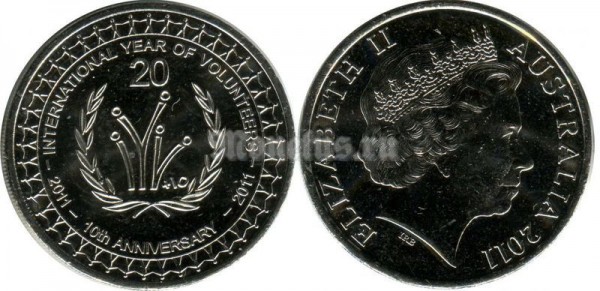 монета Австралия 20 центов 2011 год 10-ая годовщина Международного Года Волонтёров