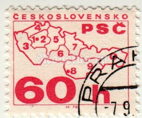 марка Чехословакия 60 геллер "Карта с указанием почтового индекса регионов" 1976 год