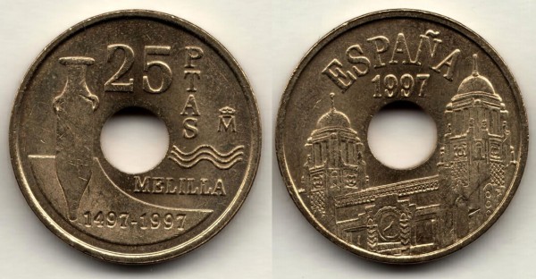 монета Испания 25 песет 1997 год Мелилья