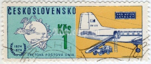 марка Чехословакия 1 крона "UPU Emblem and Czechoslovak Airlines Mail plane IL" 1974 год гашение