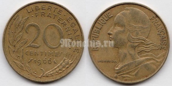 монета Франция 20 сантимов 1966 год