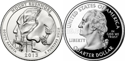 Монета США 25 центов 2013 год гора Рашмор (Mount Rushmore), 20-й