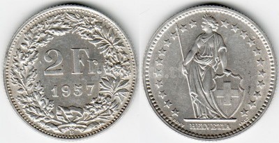 Швейцария 2 франка 1957 год HELVETIA
