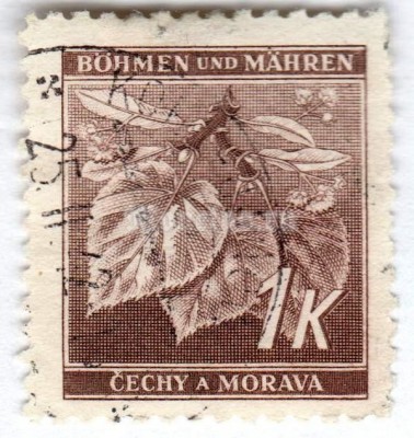 марка Богемия и Моравия 1 крона "Lime tree branch with blossoms" 1942 год Гашение