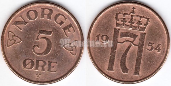 монета Норвегия 5 эре 1954 год