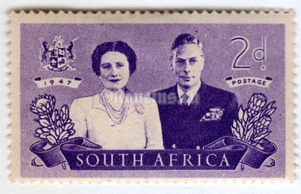 марка Южная Африка 2 пенни "King George VI and Queen Elizabeth" 1947 год