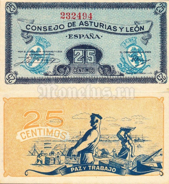 банкнота Испания 25 сантимов 1937 год