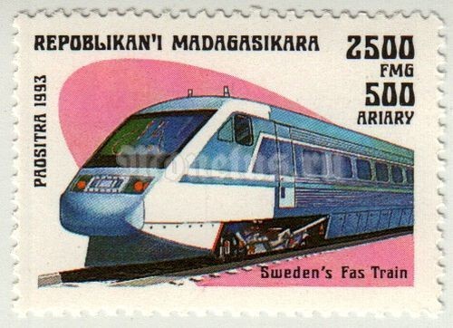 марка Мадагаскар 2500 франков "Седен в фас поезд" 1993 год