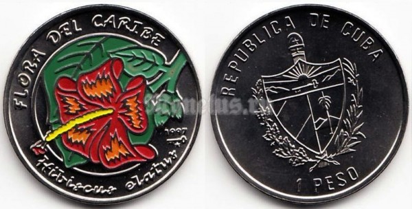 монета Куба 1 песо 1997 год Карибская флора - Гибискус волнистый. Цветная эмаль