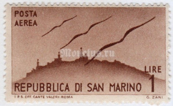 марка Сан-Марино 1 лира "Air Mail - set of 1946" 1946 год