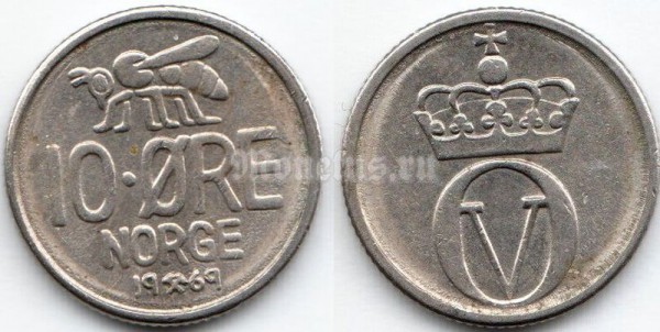 монета Норвегия 10 эре 1969 год Пчела