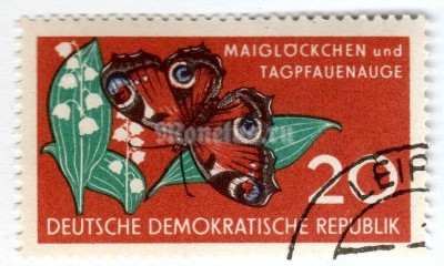 марка ГДР 20 пфенниг "Peacock Butterfly (Inachis io), Lily-of-the-Valley (Convalla)" 1959 год Гашение