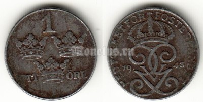 монета Швеция 1 эре 1943 год