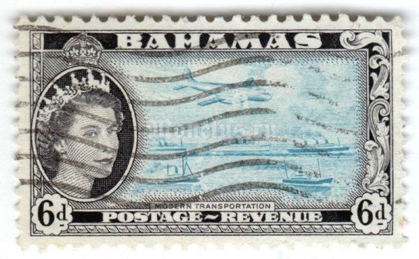 марка Багамские острова 6 пенни "Modern Transportation" 1954 год Гашение
