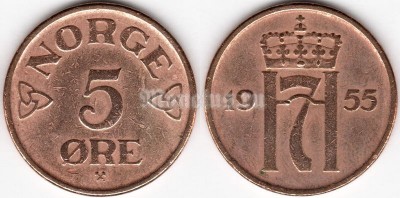 монета Норвегия 5 эре 1955 год
