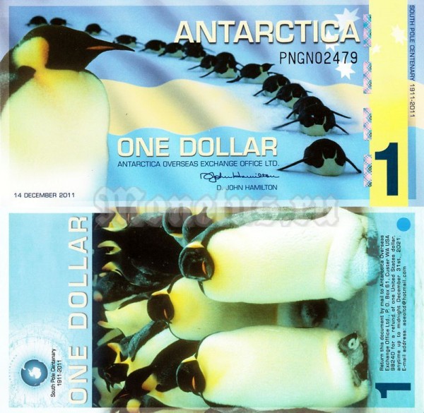 бона Антарктика 1 доллар 2011 год - 100 лет открытию Южного Полюса, пластик