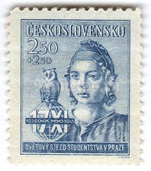 марка Чехословакия 250+250 геллер "Allegorical portrait of the Republic" 1945 год 