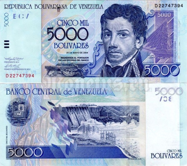 банкнота Венесуэла 5000 боливаров 2002 год
