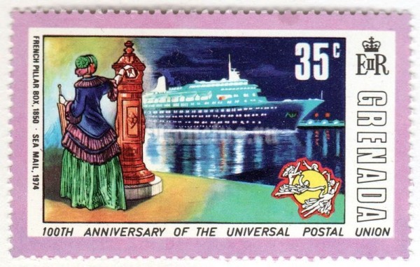 марка Гренада 35 центов "French Pillar Box, Ship" 1974 год
