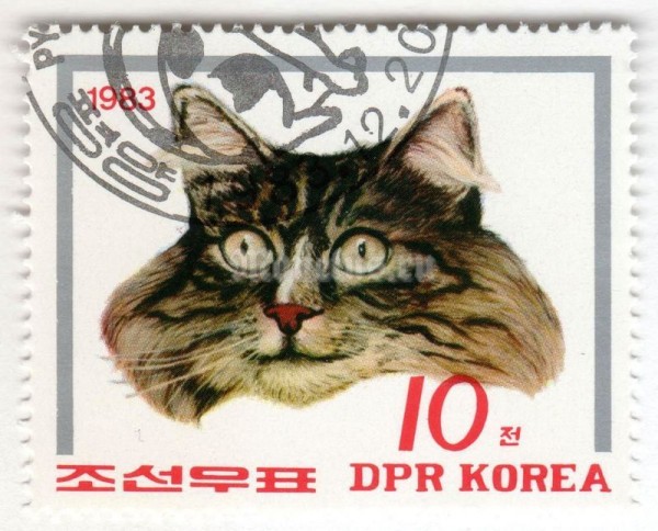 марка Северная Корея 10 чон "Domestic Cat (Felis silvestris catus)" 1983 год Гашение