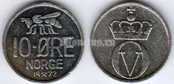 монета Норвегия 10 эре 1972 год Пчела