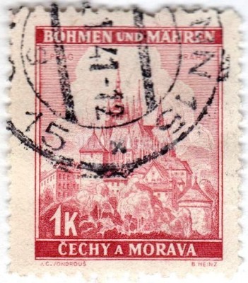 марка Богемия и Моравия 1 крона "Prag / Praha" 1939 год Гашение
