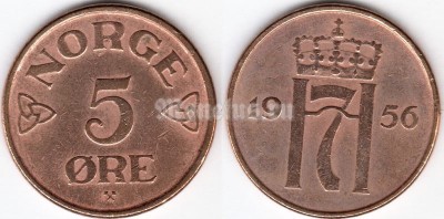 монета Норвегия 5 эре 1956 год