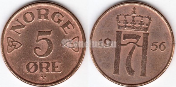 монета Норвегия 5 эре 1956 год