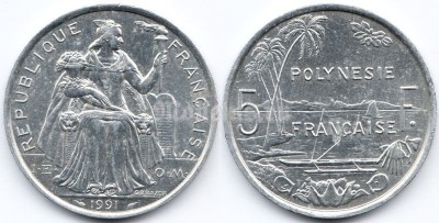 монета Французская Полинезия 5 франков 1991 год