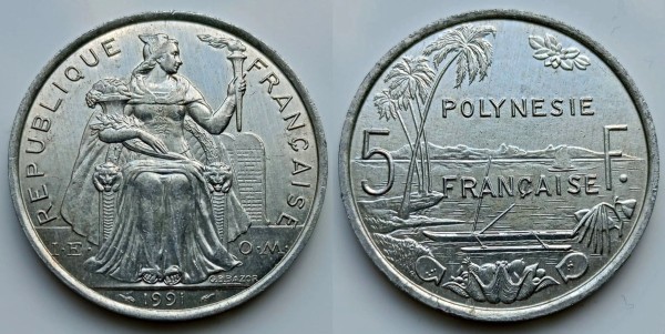 монета Французская Полинезия 5 франков 1991 год