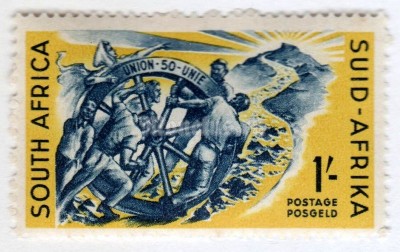марка Южная Африка 1 шиллинг ""Progress", symbolized by cartwheel" 1960 год