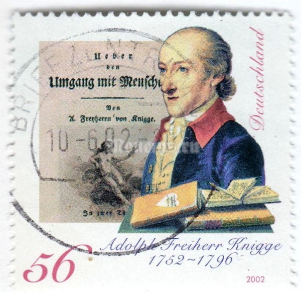 марка ФРГ 56 центов "Adolph Baron von Knigge (1752-1796), writer" 2002 год Гашение