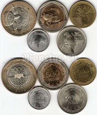 Колумбия набор из 5-ти монет 2012 год