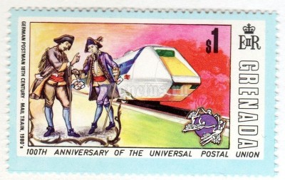 марка Гренада 1 доллар "Mailman, Mail Train" 1974 год