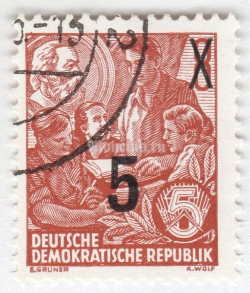 марка ГДР 5 пфенниг "Definitives overprinted" 1957 год Гашение