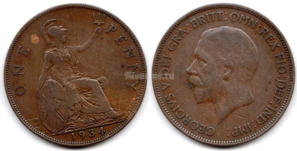 монета Великобритания 1 пенни 1934 год