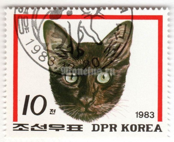 марка Северная Корея 10 чон "Domestic Cat (Felis silvestris catus)" 1983 год Гашение