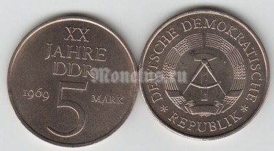 монета ГДР 5 марок 1969 год 20 лет ГДР