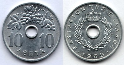 Монета Греция 10 лепта 1969 год