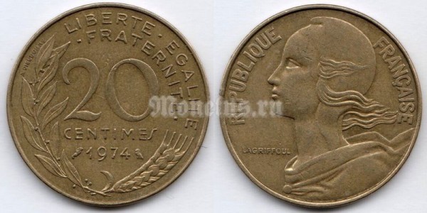 монета Франция 20 сантимов 1974 год