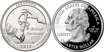 монета США 25 центов 2015 год штат Нью-Йорк, Национальный парк Саратога, 30-й