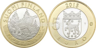 монета Финляндия 5 евро 2015 год Серия "Животные провинций" - Тавастия. Рысь