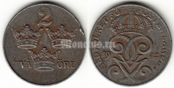 монета Швеция 2 эре 1942 год