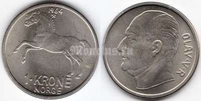 монета Норвегия 1 крона 1964 год - Лошадь